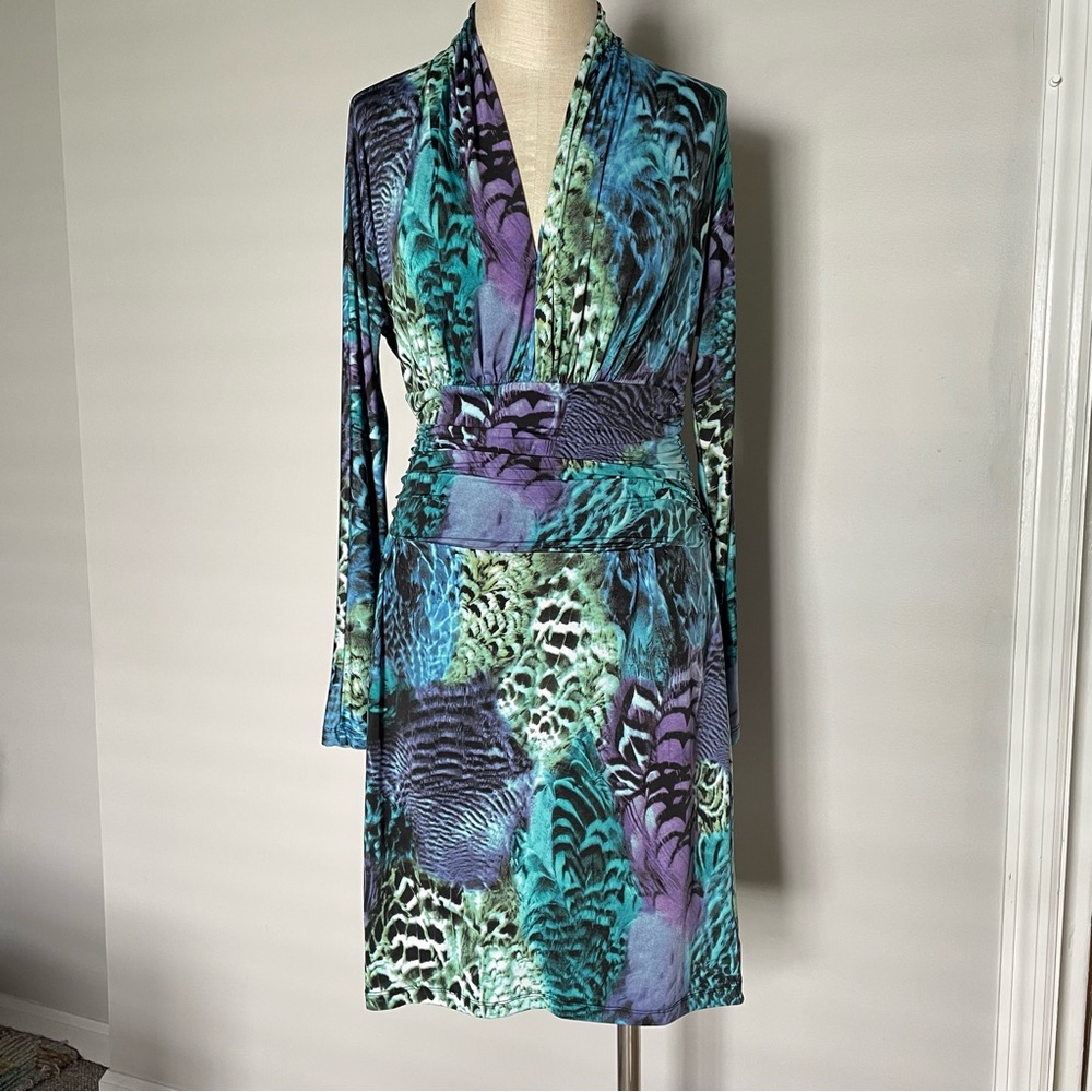 Marc Bouwer abstract feather print long sleeve jersey dress size S